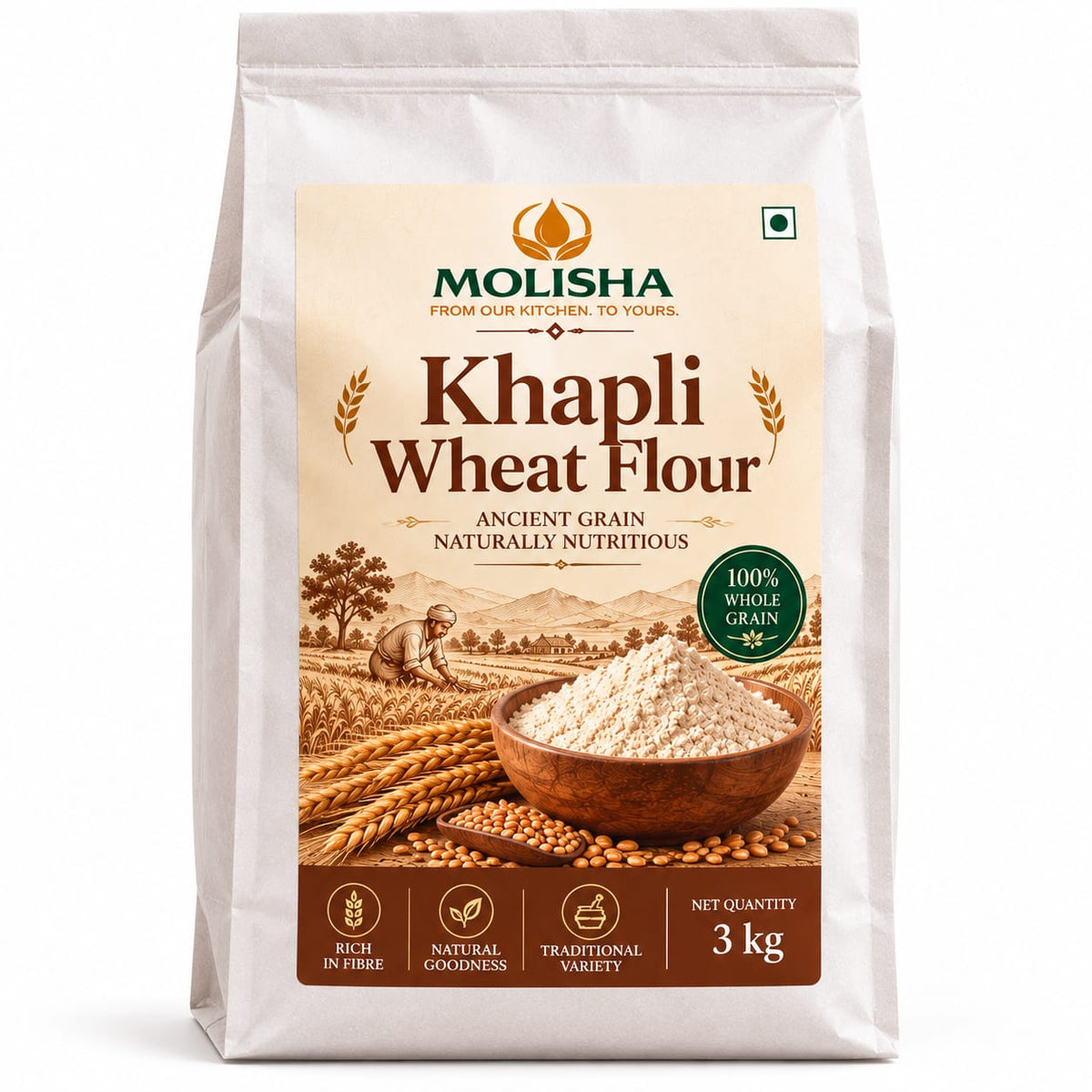 A 3 kg bag of Molisha Khapli Wheat Flour on a clean white background. The packaging is off-white with a large beige label featuring brown text, wheat illustrations, a bowl of flour, and a small green '100% Whole Grain' badge.