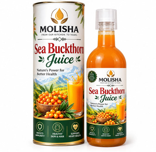A bottle and matching cylindrical carton of Molisha Sea Buckthorn Juice on a plain white background. The packaging features a green, orange, and white design with illustrations of sea buckthorn berries and a glass of orange juice.
