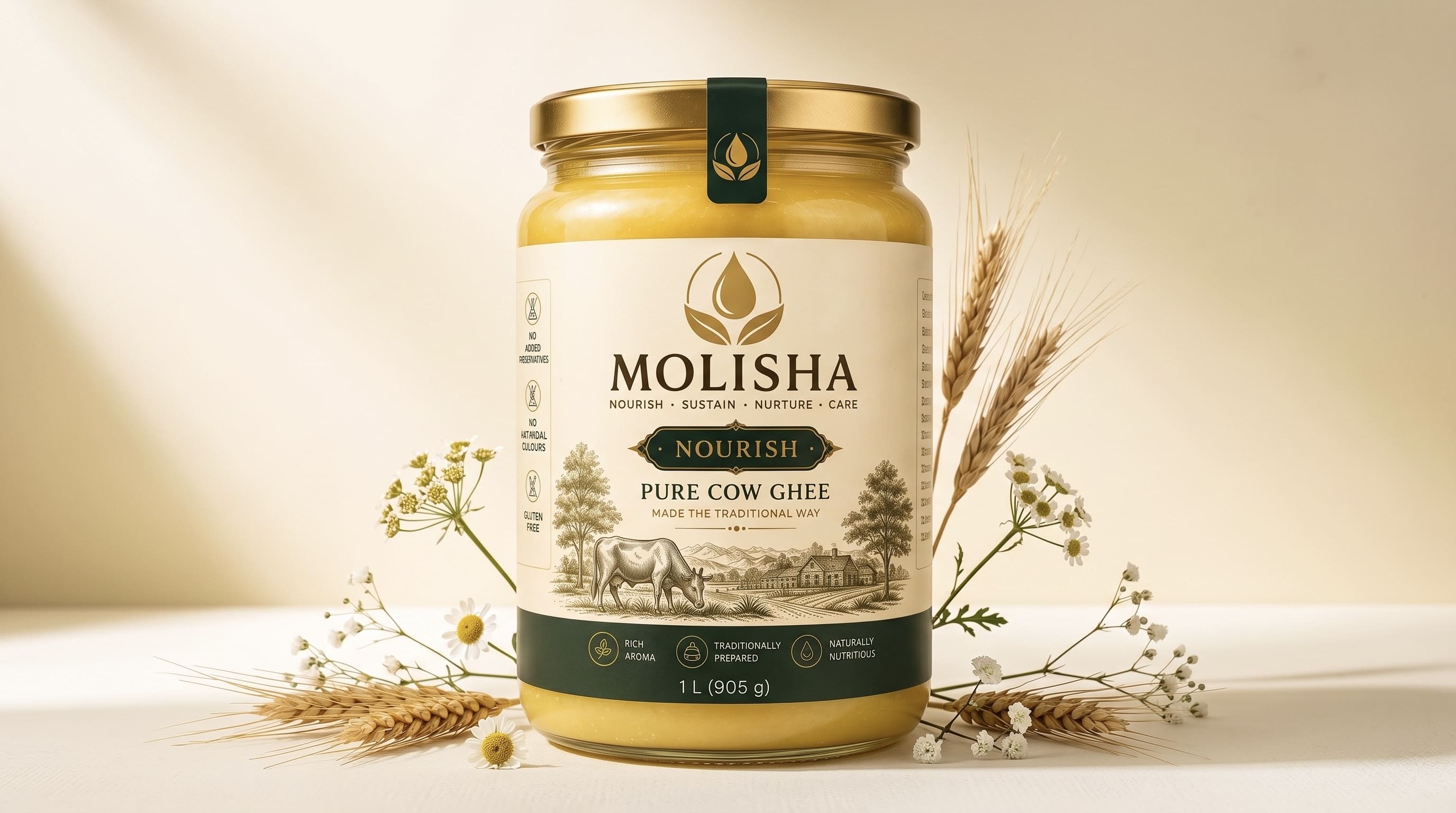 A jar of Molisha Nourish Pure Cow Ghee styled on a light beige surface with decorative wheat stalks and small white flowers. The jar has a gold lid, a cream-colored label with green accents, and a dark green band at the bottom.
