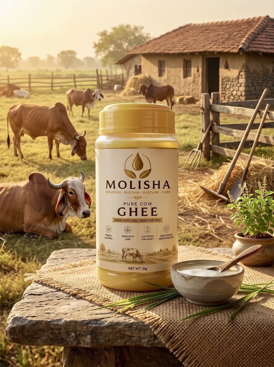 A large jar of Molisha Pure Cow Ghee is displayed on a rustic wooden table in a farm setting with cows, a stone barn, and a bowl of ghee. The product packaging features a cream-colored label with a gold lid.